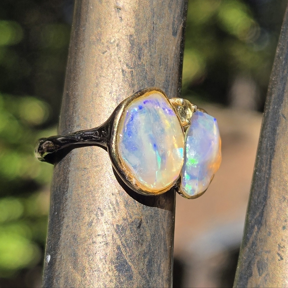 Opal Dual 6k Each Natural Gemstone Sterling Rhodium & Gold Ring Sz6.75 - Picture 9 of 10